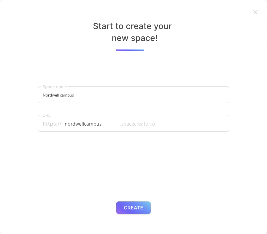 Sign-up step one: the space’s name and URL.