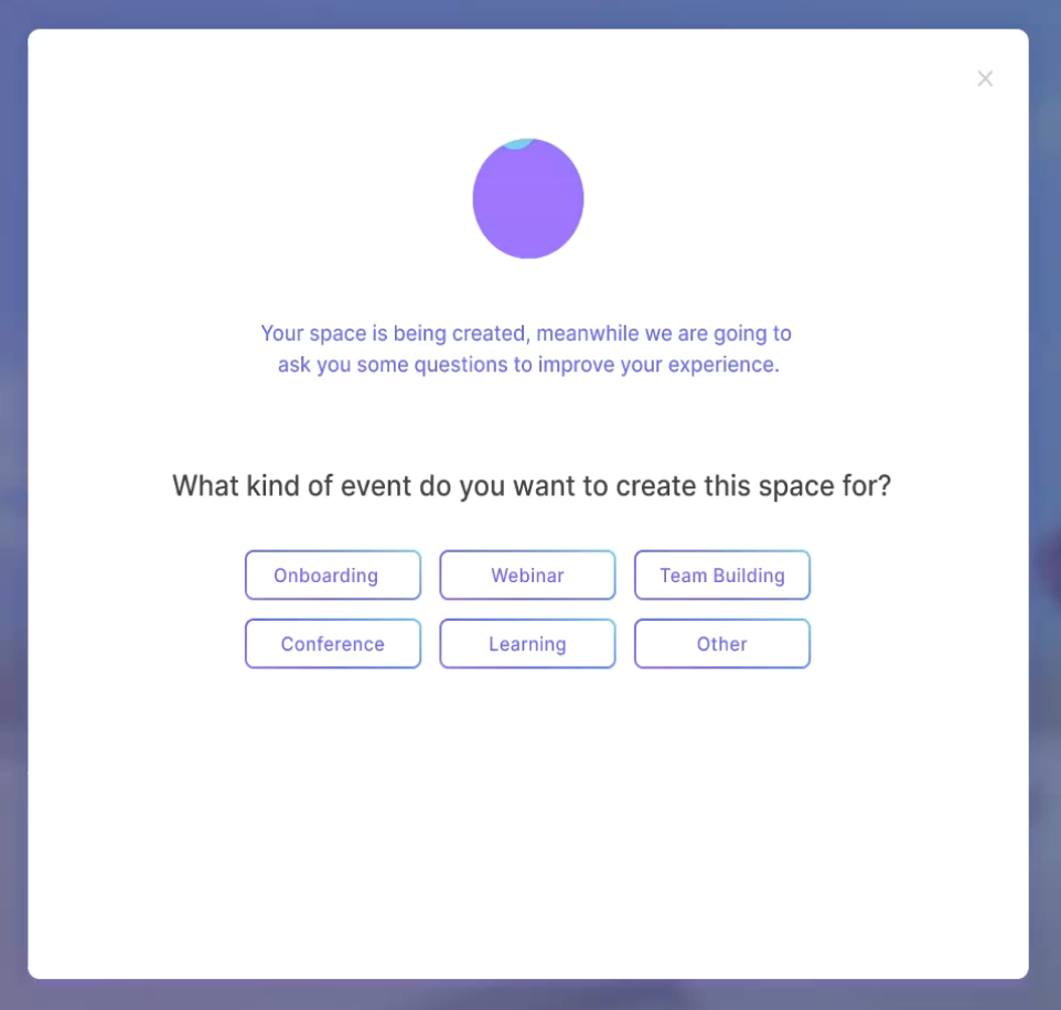 A modal asking what kind of event the space is for, shown while the space is being created.