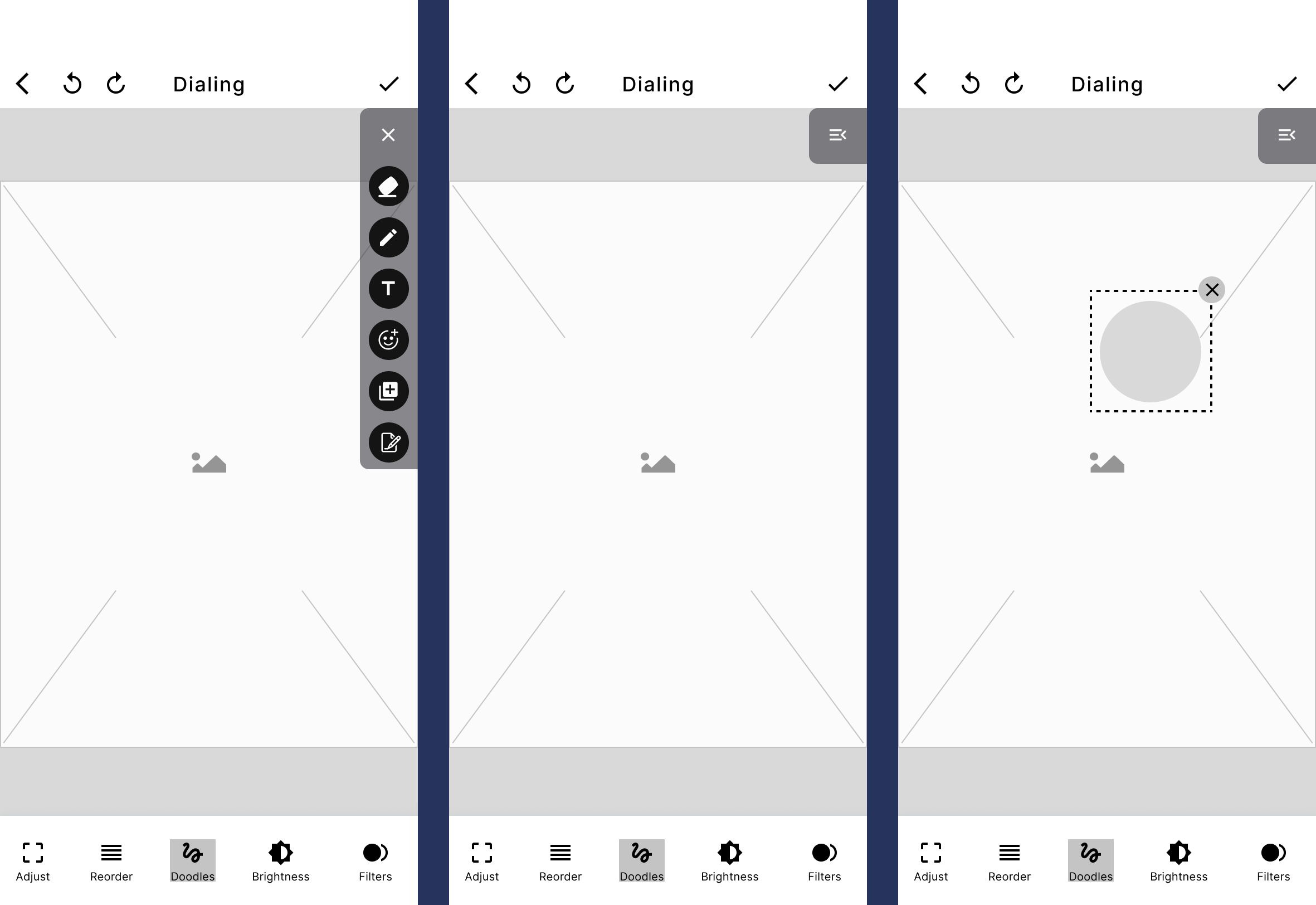 The three menu states in low fidelity: tools overlay open, a clear canvas and a selected element with its delete icon. In all three, the bottom bar still shows Doodles.