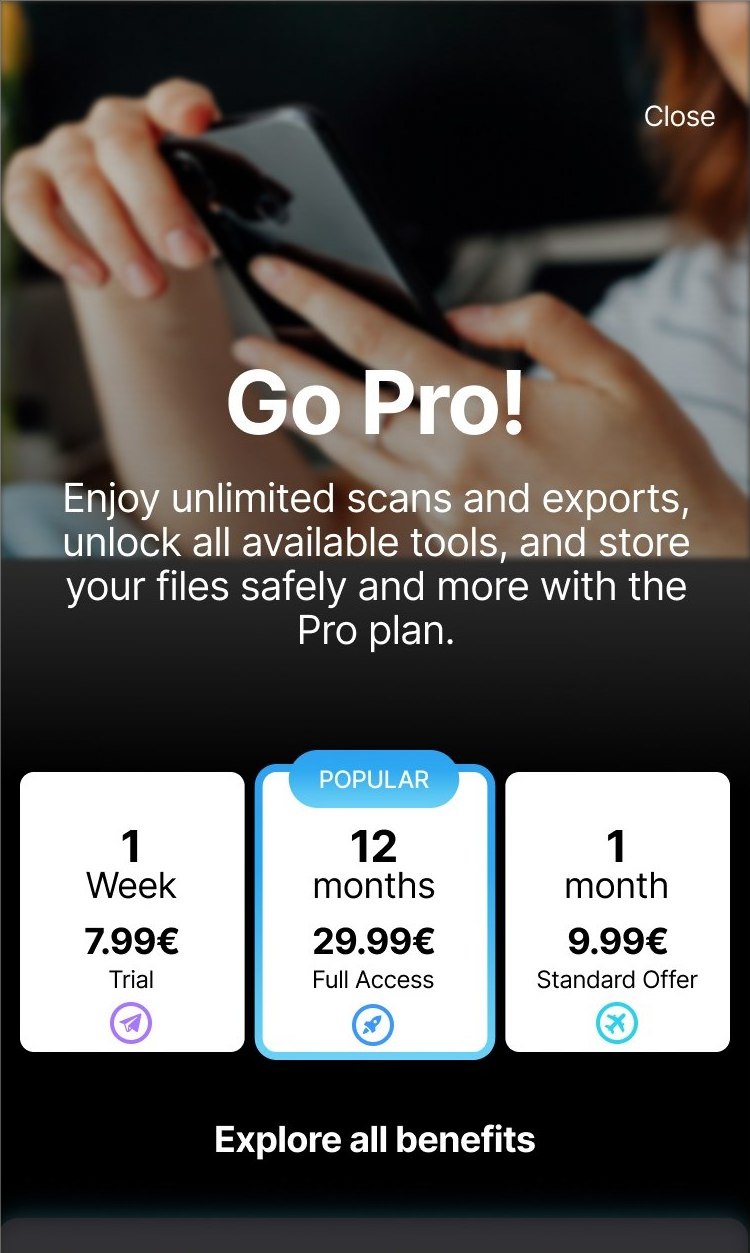 The ScanNow paywall: a “Go Pro!” header and the three plans, with the twelve-month plan marked as popular.