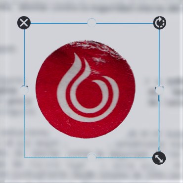 A selected sticker inside a blue box, with a cross at the top left, a rotate icon at the top right and a resize icon at the bottom right.