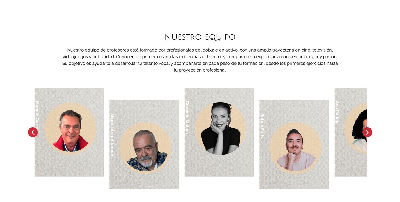 The “Nuestro equipo” (our team) section: a carousel of faculty cards, each with the name set vertically and a circular portrait.